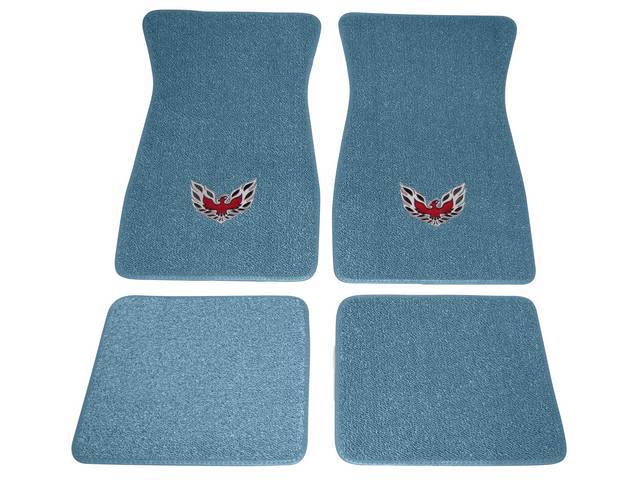 FLOOR MATS, Carpet, Raylon (Loop Style), Medium Blue w/ *Flaming Bird* design in red, silver and black, (4)