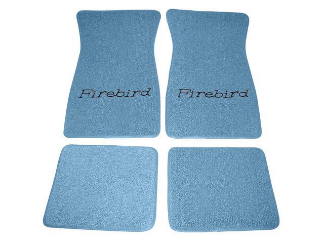 FLOOR MATS, Carpet, Raylon (Loop Style), Medium Blue w/ *Firebird* in black lettering, (4)