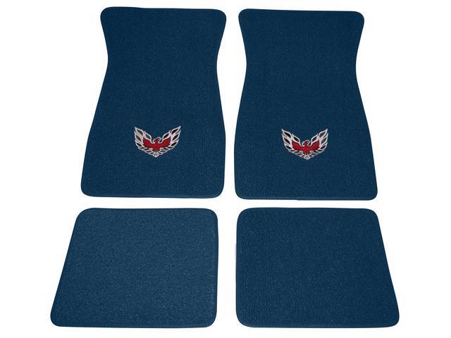 Carpet Floor Mats, Raylon Loop, 4-piece, Medium Blue w/ *Flaming Bird* design in red, silver and black