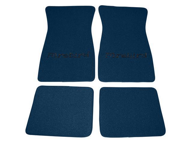 Carpet Floor Mats, Raylon Loop, 4-piece, Medium Blue w/ *Firebird* in black lettering