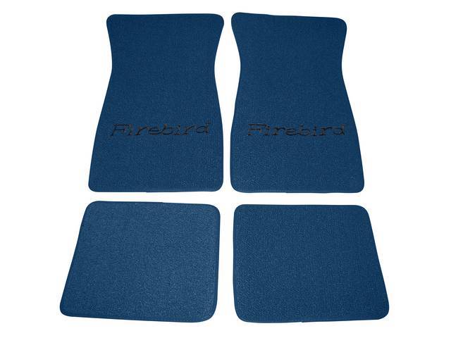 FLOOR MATS, Carpet, Raylon (Loop Style), Bright Blue w/ *Firebird* in black lettering, (4)