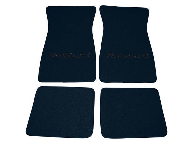 FLOOR MATS, Carpet, Raylon (Loop Style), Dark Blue w/ *Firebird* in black lettering, (4)