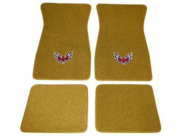 FLOOR MATS, Carpet, Raylon (Loop Style), Gold w/ *Flaming Bird* design in red, silver and black, (4)