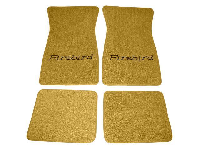 FLOOR MATS, Carpet, Raylon (Loop Style), Gold w/ *Firebird* in black lettering, (4)