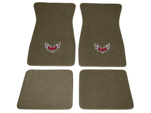 FLOOR MATS, Carpet, Raylon (Loop Style), Ivy Gold w/ *Flaming Bird* design in red, silver and black, (4)