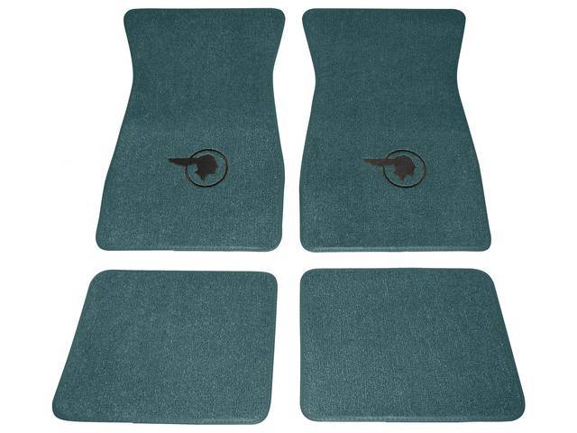 FLOOR MATS, Carpet, Raylon (Loop Style), Turquoise w/ *Indian Head* design in black, (4)