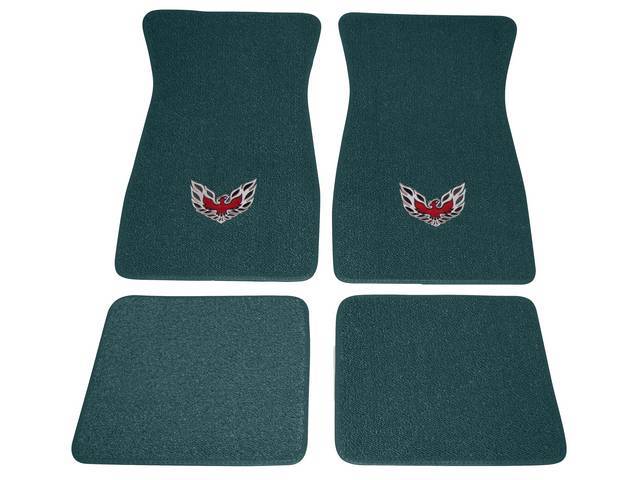 FLOOR MATS, Carpet, Raylon (Loop Style), Turquoise w/ *Flaming Bird* design in red, silver and black, (4)