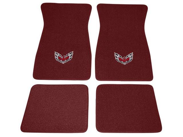 FLOOR MATS, Carpet, Raylon (Loop Style), Maroon w/ *Flaming Bird* design in red, silver and black, (4)