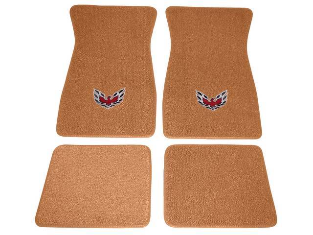 FLOOR MATS, Carpet, Raylon (Loop Style), Light Saddle w/ *Flaming Bird* design in red, silver and black, (4)