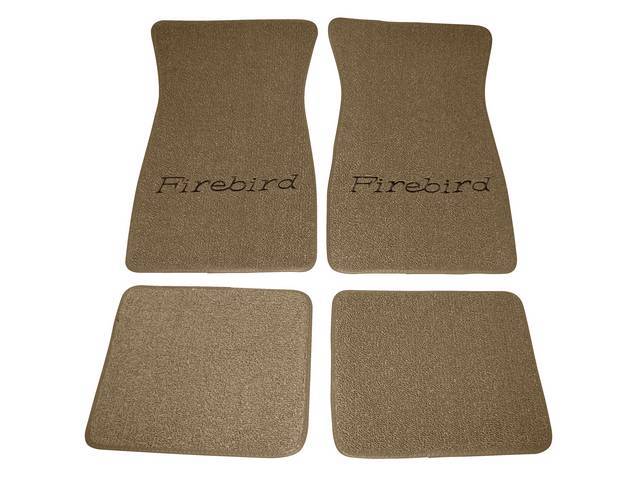 FLOOR MATS, Carpet, Raylon (Loop Style), Saddle w/ *Firebird* in black lettering, (4)
