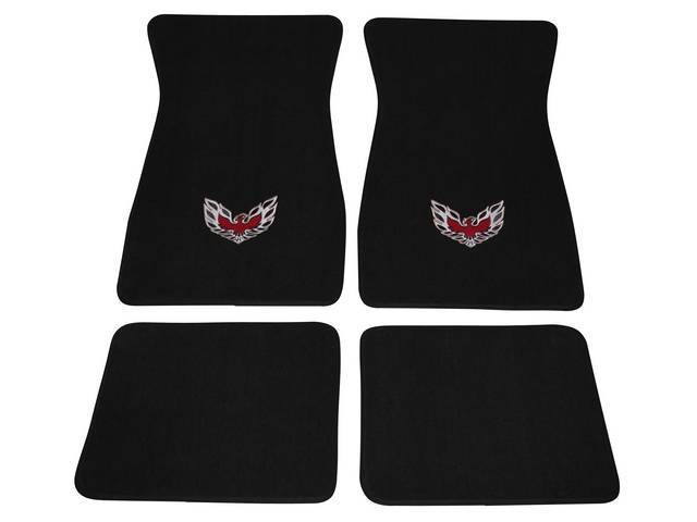 FLOOR MATS, Carpet, Cut Pile, Black w/ *Flaming Bird* design in red and silver, (4)