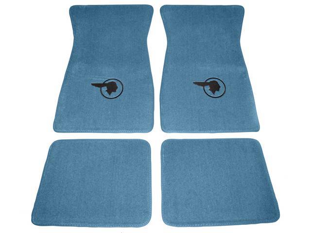 FLOOR MATS, Carpet, Cut Pile, Medium Blue w/ *Indian Head* design in black, (4)