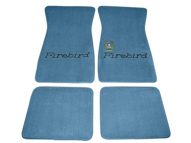 FLOOR MATS, Carpet, Cut Pile, Medium Blue w/ *Firebird* in black lettering, (4)