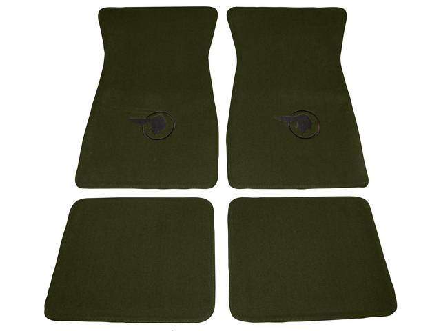 FLOOR MATS, Carpet, Cut Pile, Dark Green w/ *Indian Head* design in black, (4)