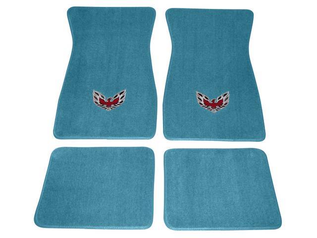 FLOOR MATS, Carpet, Cut Pile, Turquoise w/ *Flaming Bird* design in red, silver and black, (4)