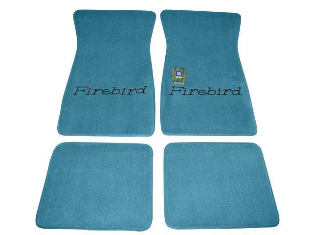 FLOOR MATS, Carpet, Cut Pile, Turquoise w/ *Firebird* in black lettering, (4)