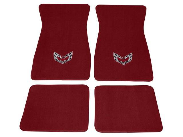 FLOOR MATS, Carpet, Cut Pile, Maroon w/ *Flaming Bird* design in red, silver and black, (4)