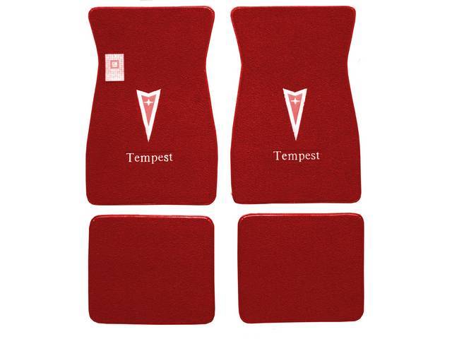 FLOOR MATS, Carpet, raylon (loop style), red w/ Pontiac *Arrowhead* in red w/ silver surround and *Tempest* in white block letters on front mats, (4)