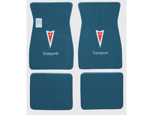Carpet Floor Mats, Raylon Loop, 4-piece, Medium Blue w/ Pontiac *Arrowhead* in red w/ silver surround and *Tempest* in white script letters on front mats