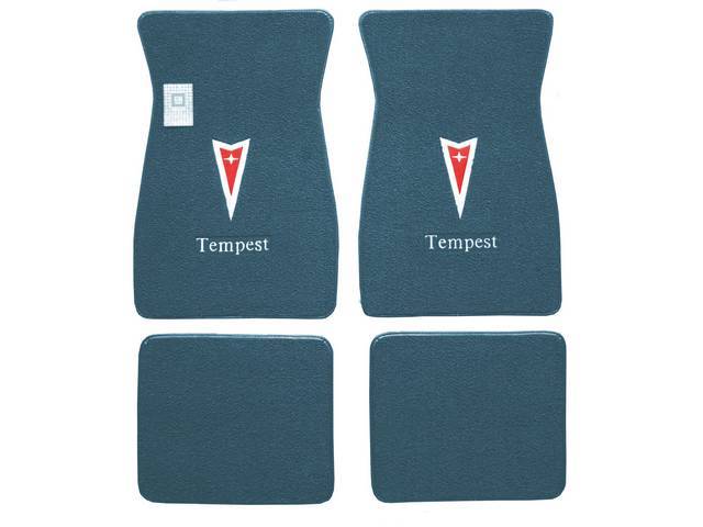 FLOOR MATS, Carpet, raylon (loop style), aqua w/ Pontiac *Arrowhead* in red w/ silver surround and *Tempest* in white block letters on front mats, (4)