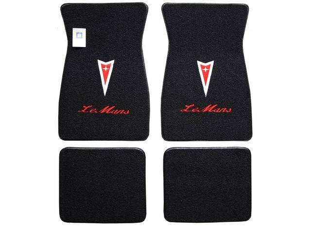 Floor Mats, Carpet, Raylon (Loop Style), Black W/ Pontiac *Arrowhead* In Red W/ Silver Surround And *Lemans* In Red Script Letters On Front Mats, (4)