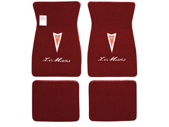 FLOOR MATS, Carpet, raylon (loop style), red w/ Pontiac *Arrowhead* in red w/ silver surround and *LeMans* in white script letters on front mats, (4)