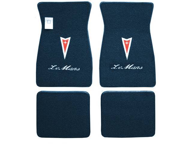 FLOOR MATS, Carpet, raylon (loop style), dark blue w/ Pontiac *Arrowhead* in red w/ silver surround and *LeMans* in white script letters on front mats, (4)
