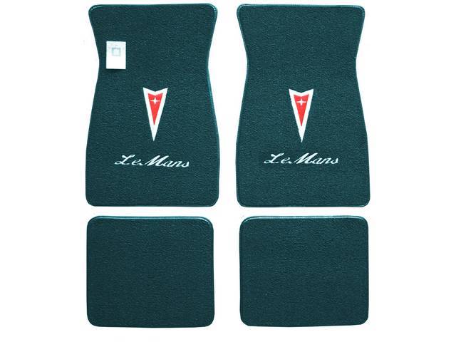 Floor Mats, Carpet, Raylon (Loop Style), Aqua W/ Pontiac *Arrowhead* In Red W/ Silver Surround And *Lemans* In White Script Letters On Front Mats, (4)