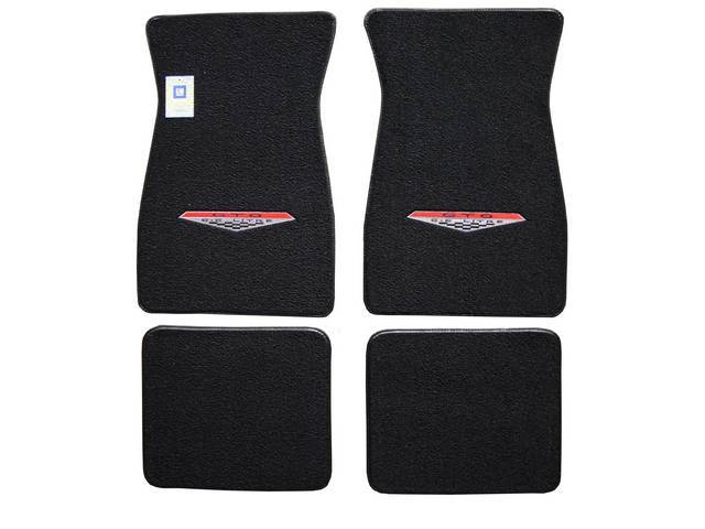 FLOOR MATS, Carpet, raylon (loop style), black w/ *GTO 6.5 LITRE* shield (1964-67 design) in red and silver surround on front mats, (4)