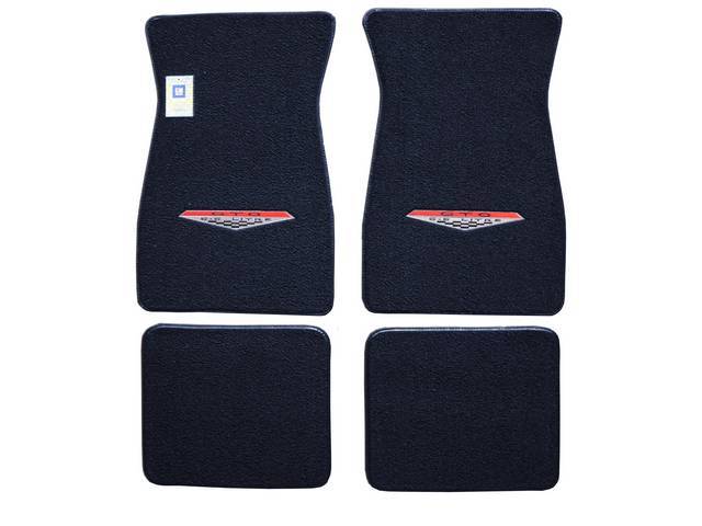 FLOOR MATS, Carpet, raylon (loop style), dark blue w/ *GTO 6.5 LITRE* shield (1964-67 design) in red and silver surround on front mats, (4)