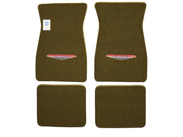 FLOOR MATS, Carpet, raylon (loop style), medium saddle w/ *GTO 6.5 LITRE* shield (1964-67 design) in red and silver surround on front mats, (4)