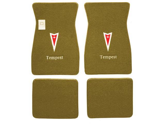 FLOOR MATS, Carpet, raylon (loop style), gold w/ Pontiac *Arrowhead* in red w/ silver surround and *Tempest* in white block letters on front mats, (4)