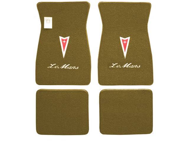 FLOOR MATS, Carpet, raylon (loop style), gold w/ Pontiac *Arrowhead* in red w/ silver surround and *LeMans* in white script letters on front mats, (4)
