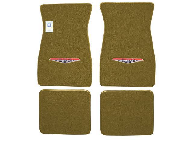 FLOOR MATS, Carpet, raylon (loop style), gold w/ *GTO 6.5 LITRE* shield (1964-67 design) in red and silver surround on front mats, (4)