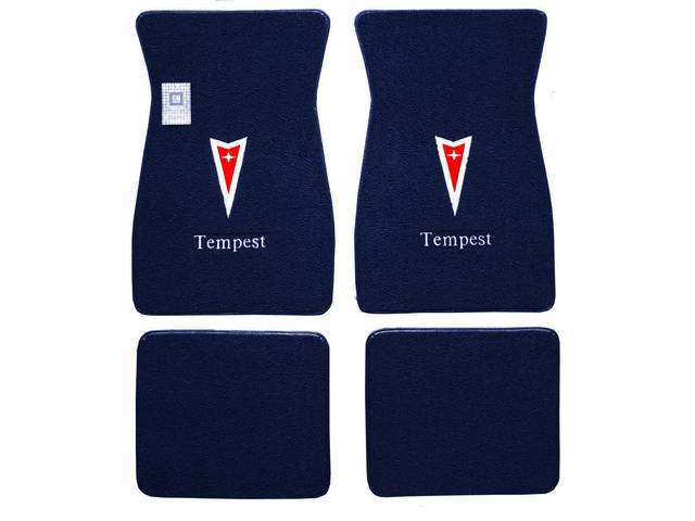 FLOOR MATS, Carpet, raylon (loop style), dark blue w/ Pontiac *Arrowhead* in red w/ silver surround and *Tempest* in white block letters on front mats, (4)