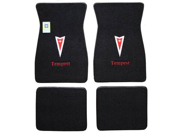 FLOOR MATS, Carpet, raylon (loop style), black w/ Pontiac *Arrowhead* in red w/ silver surround and *Tempest* in red block letters on front mats, (4)