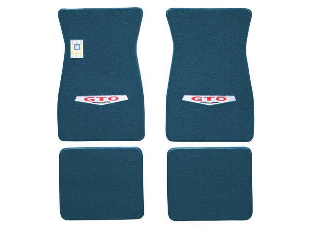 Carpet Floor Mats, Raylon Loop, 4-piece, Medium Blue w/ *GTO* shield (1969 marker design) in red block lettering and silver surround on front ma