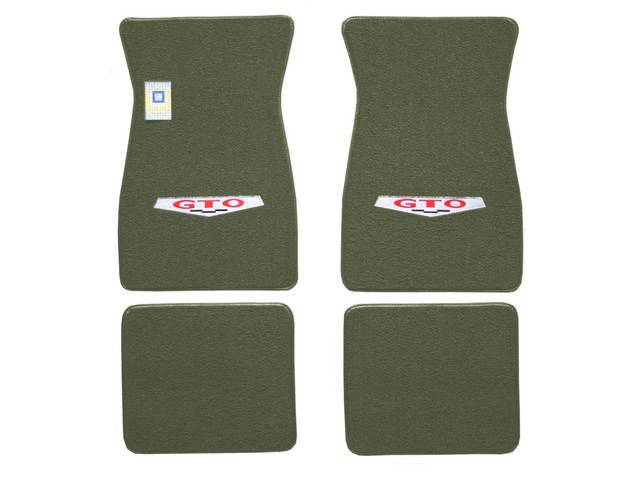 FLOOR MATS, Carpet, raylon (loop style), ivy gold w/ *GTO* shield (1969 marker design) in red block lettering and silver surround on front mats, (4)