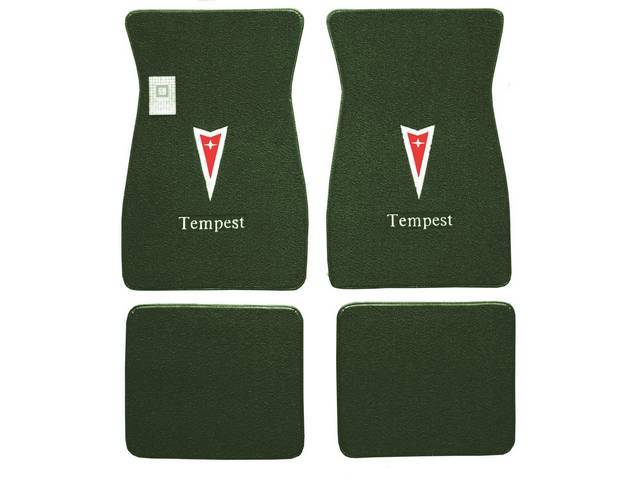 FLOOR MATS, Carpet, raylon (loop style), ivy gold w/ Pontiac *Arrowhead* in red w/ silver surround and *Tempest* in white block letters on front mats, (4)