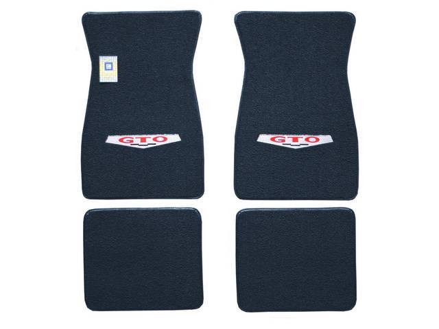 FLOOR MATS, Carpet, raylon (loop style), dark blue w/ *GTO* shield (1969 marker design) in red block lettering and silver surround on front mats, (4)