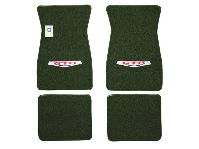 FLOOR MATS, Carpet, raylon (loop style), dark green w/ *GTO* shield (1969 marker design) in red block lettering and silver surround on front mats, (4)