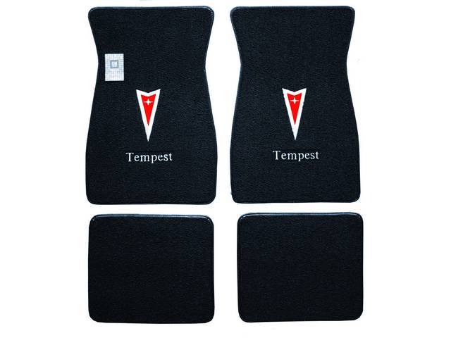 FLOOR MATS, Carpet, raylon (loop style), dark green w/ Pontiac *Arrowhead* in red w/ silver surround and *Tempest* in white block letters on front mats, (4)