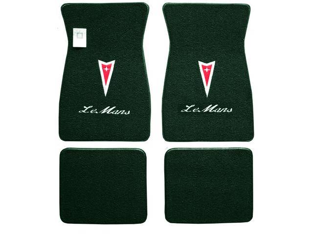 FLOOR MATS, Carpet, raylon (loop style), dark green w/ Pontiac *Arrowhead* in red w/ silver surround and *LeMans* in white script letters on front mats, (4)