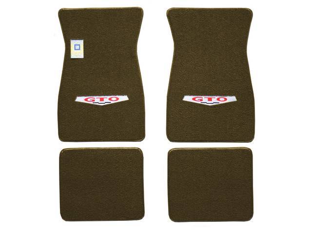 FLOOR MATS, Carpet, raylon (loop style), medium saddle w/ *GTO* shield (1969 marker design) in red block lettering and silver surround on front mats, (4)