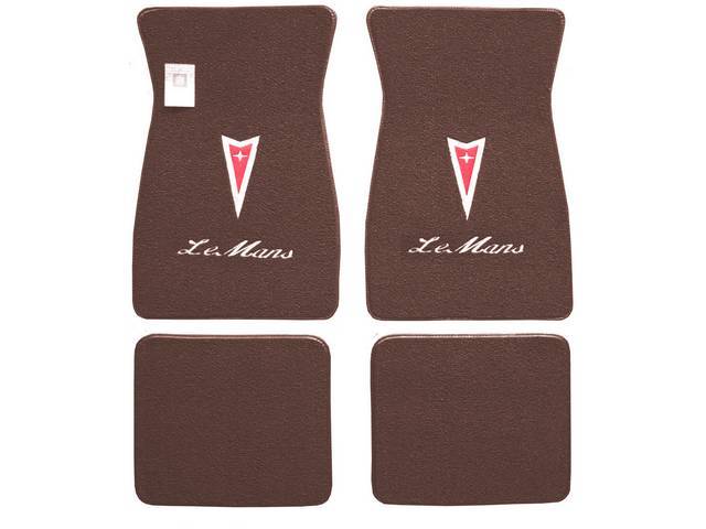 FLOOR MATS, Carpet, raylon (loop style), dark copper w/ Pontiac *Arrowhead* in red w/ silver surround and *LeMans* in white script letters on front mats, (4)