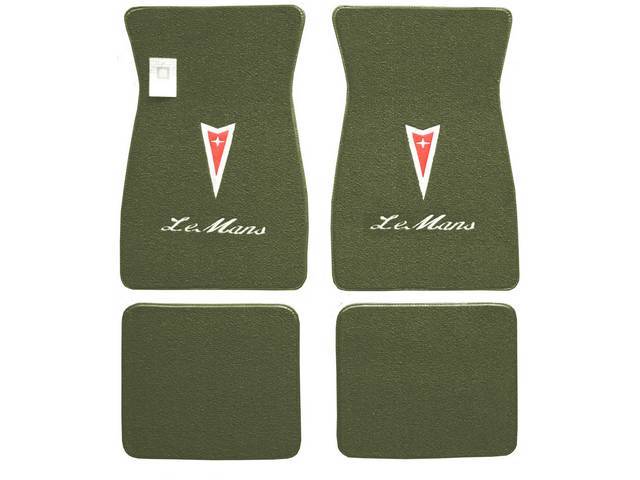 FLOOR MATS, Carpet, raylon (loop style), moss green w/ Pontiac *Arrowhead* in red w/ silver surround and *LeMans* in white script letters on front mats, (4)