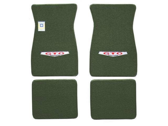 FLOOR MATS, Carpet, raylon (loop style), moss green w/ *GTO* shield (1969 marker design) in red block lettering and silver surround on front mats, (4)