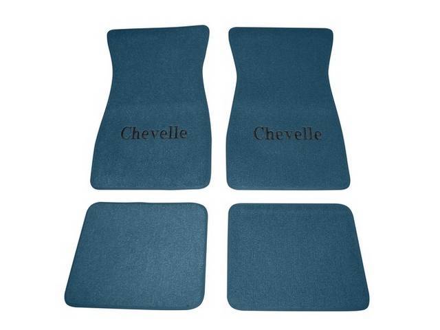 FLOOR MATS, Carpet, Raylon (Loop Style), Medium Blue w/ *Chevelle* in black lettering, (4)