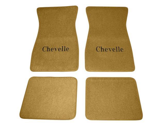 FLOOR MATS, Carpet, Raylon (Loop Style), Gold w/ *Chevelle* in black lettering, (4)