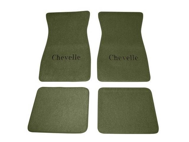 FLOOR MATS, Carpet, Raylon (Loop Style), Medium Green (Actual Color is Moss Green) w/ *Chevelle* in black lettering, (4)